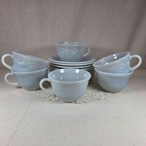 6 Cups & 10 Saucers Fire King Gray Laurel Pattern Glassware Set